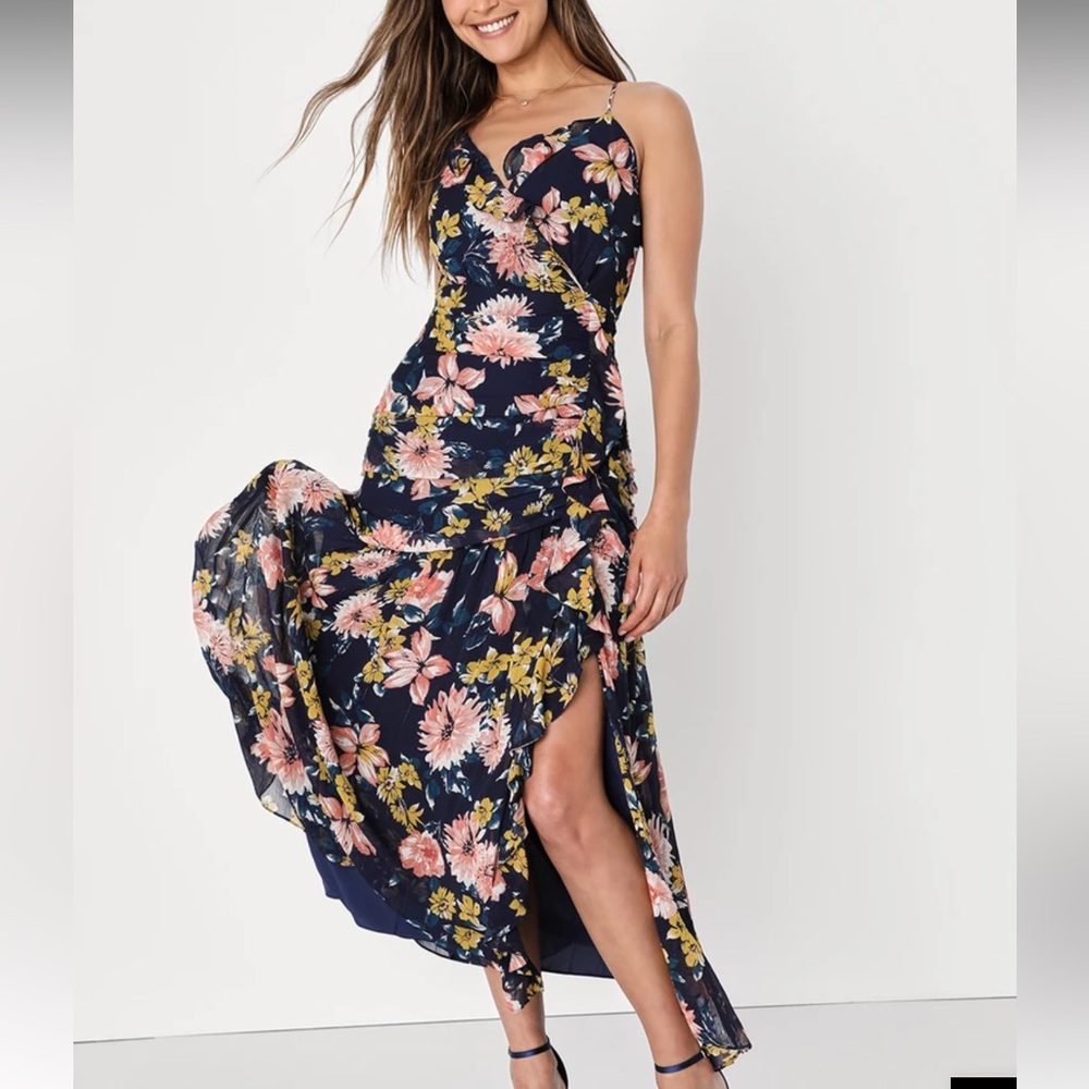 Navy Blue Floral Print Ruched Midi Dress